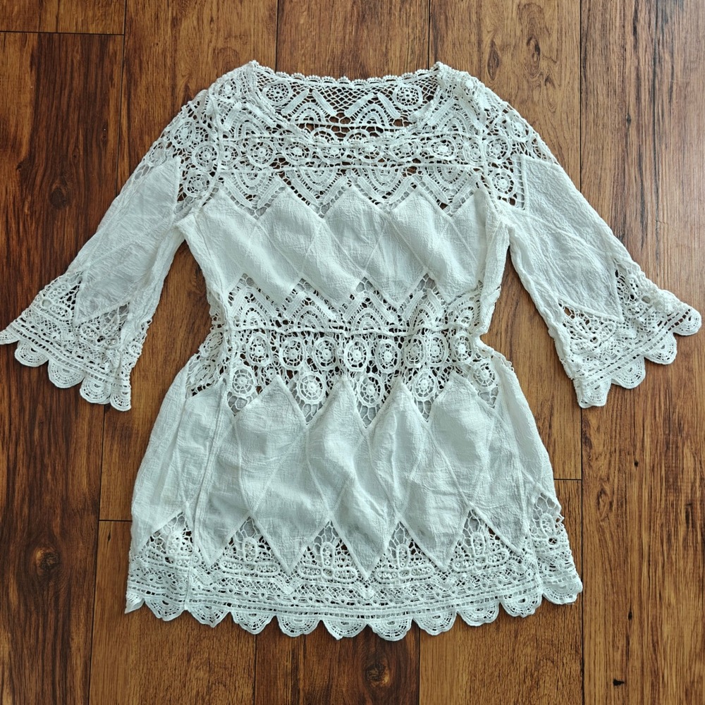 Crochet Lace Cotton 3/4 Sleeve Tunic White Patchwork Boho Womens Coastal Cowgirl